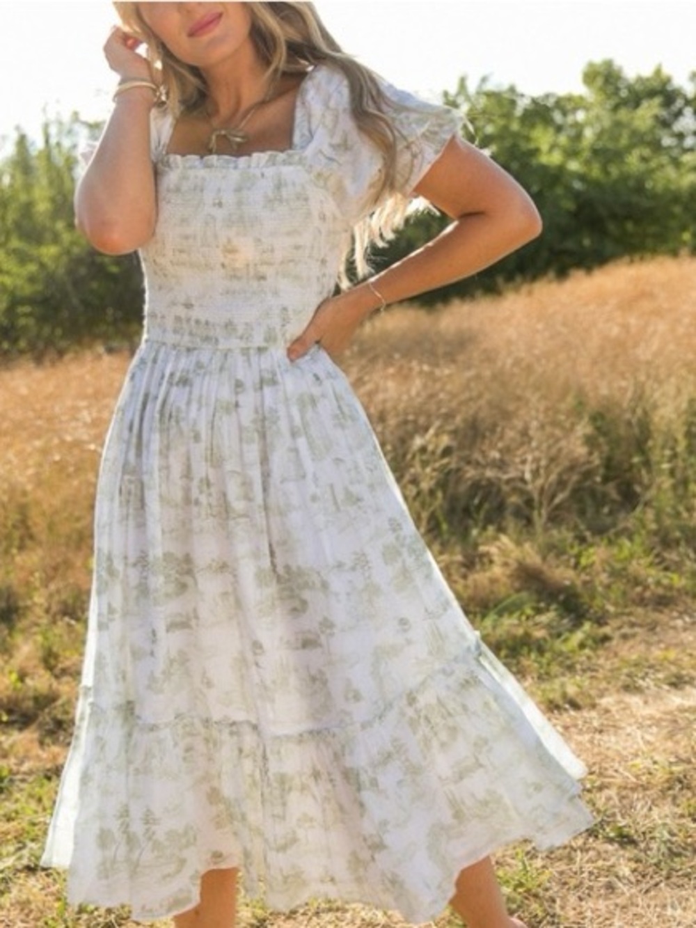 Ivy City Co. Valencia Smocked Cottage Tiered Midi Dress White Green Floral Sz XL